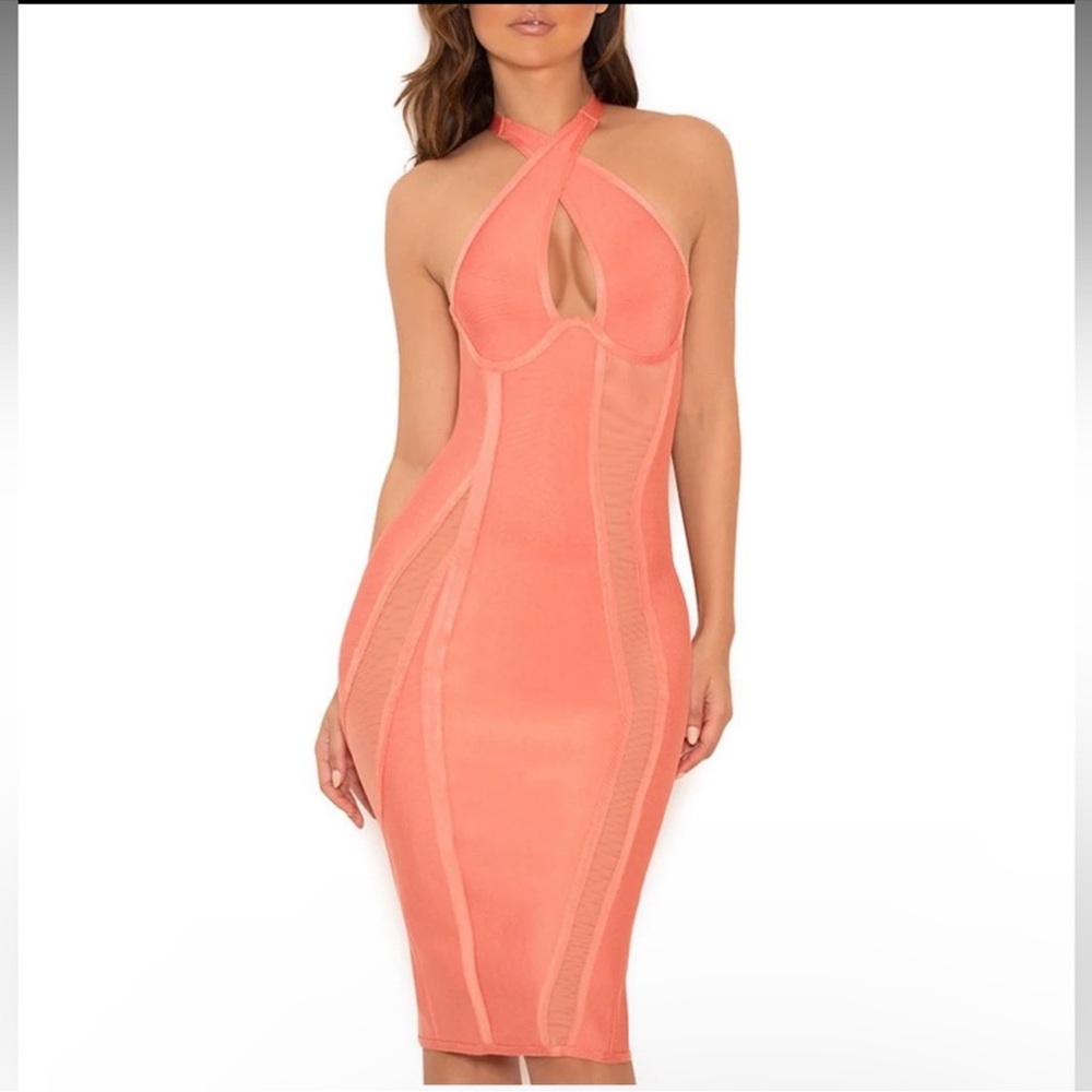 House of CB Fayez Salmon Bandage Mesh Dress